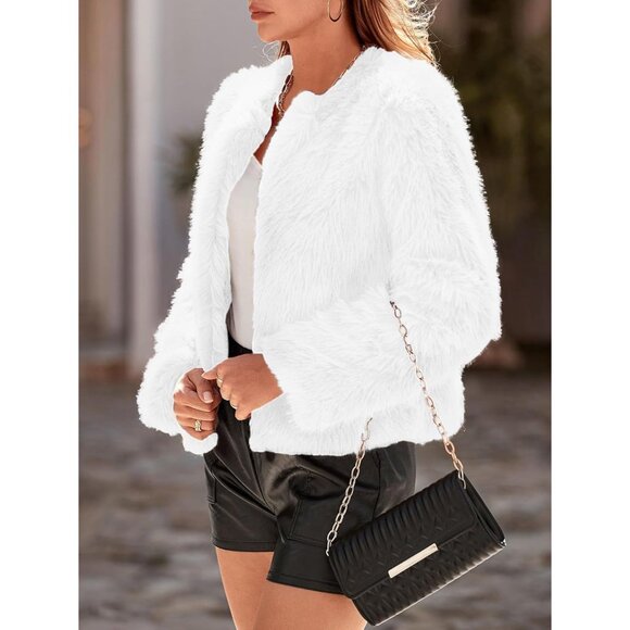 Simplee Women's Faux Fur Coat Furry Cropped Jacket Long Sleeve Warm Open Front F - Picture 4 of 6